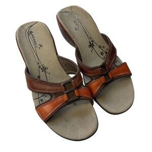 Merrell Womens‎ Dewberry Wedge Slides Sandals Orange Brown Leather Vibram Size 7